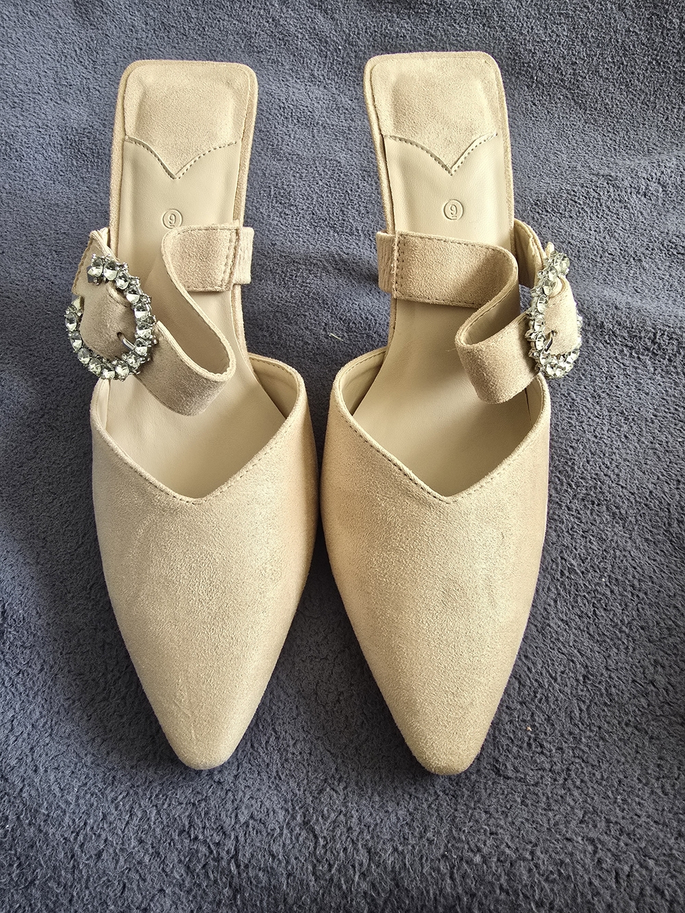 Beige Pointed Suede Mule with Crystal Buckle Strap